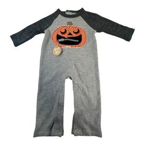 Mud Pie Pumpkin One Piece Outfit 0-3M Gray Orange Halloween Thanksgiving NEW